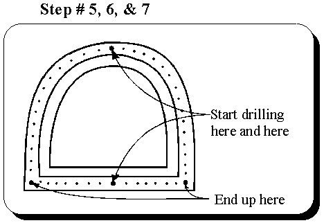 This shows the suggested method for where to begin drilling and where to end drilling holes into the windshield