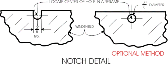 This shows some suggested methods for notching or drilling holes in the windshield